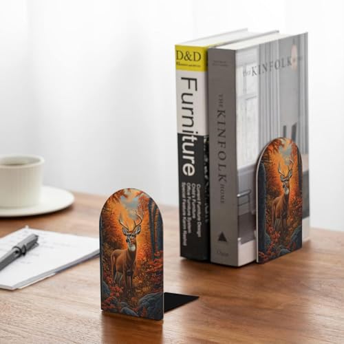 Autumn Forest Deer Wild Animal Bookends for Shelves 2 Pcs Wooden Book Stopper Organizer for Home Office Libraries