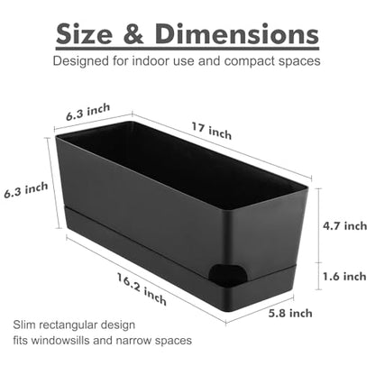 Party Zealot Self Watering Pots for Indoor Plants, 3 Pack Window Boxes Planters 17 Inch Rectangular Planter Rectangle Flower Pots Long Plant Pot Large Window Sill Herb Planter Box, Black - color: Black