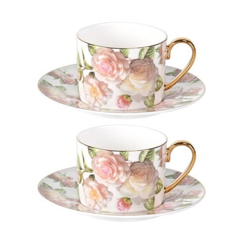 KAMMAK Tea Cups and Saucers Set of 2, Porcelain Coffee Cups, JBE027 | Stackable Espresso Mugs, Ceramic Demitasse for Coffee, Cappuccino, Latte, Americano, Tea - size: 8CZJBE027