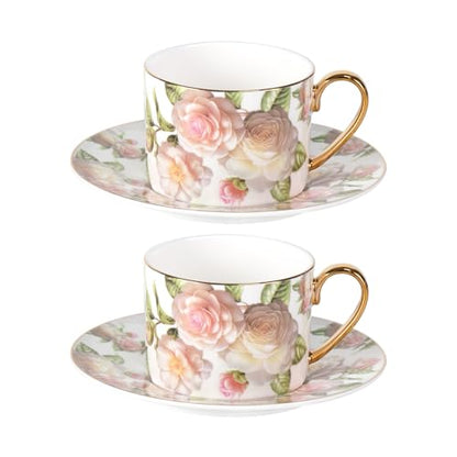 KAMMAK Tea Cups and Saucers Set of 2, Porcelain Coffee Cups, JBE027 | Stackable Espresso Mugs, Ceramic Demitasse for Coffee, Cappuccino, Latte, Americano, Tea - size: 8CZJBE027