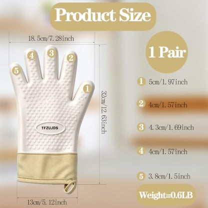 Silicone Oven Gloves with Fingers Heat Resistant 450°F in Kitchen | 1Pair Silicone Oven Mitts, Waterproof, Non-Slip, Extended Cuff Cotton Lined Kitchen Mitts for Baking Cooking Barbecue(White) - style: white