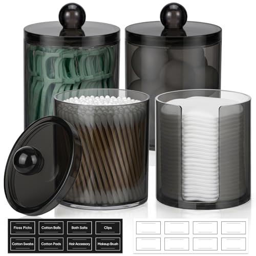 4 Pcs Acrylic Qtip Holder Dispenser for Cotton Swabs, Balls, Floss Picks | Thick, Clear Black, w/ Labels - Small Canister Apothecary Jar Set, Bathroom Decor Essentials, Shelf Vanity Storage Organizer - color: Black-4