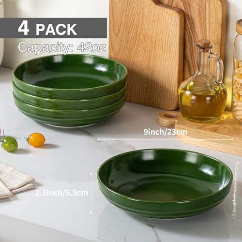 HAPPY KIT Stoneware 9'' Pasta Bowls 42oz Set of 4, Emerald Green - color: EmeraldGreen
