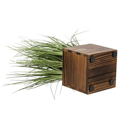 MyGift Artificial Green Grass Plants Trio in Rustic Burnt Solid Wood Planter Boxes, Faux Greenery in Decorative 4 Inch Square Wooden Containers, Set of 3 - color: Burnt Wood