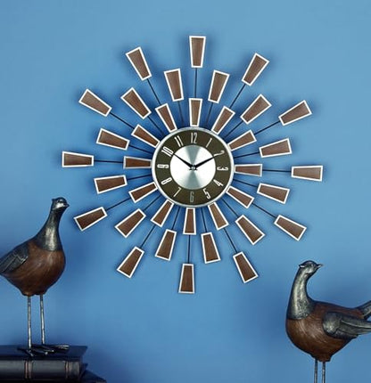 Deco 79 Metal Decorative Wall Clock Starburst Wall Clock for Home with Silver Accents, Wall Clock for Room 22" x 3" x 22", Brown