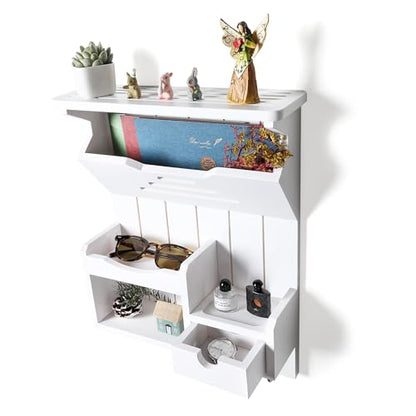 DOPACE Handcrafted Pine Wood Mail Organizer & Key Holder, White | Hand-polished natural pine wood with storage drawer & 6 hooks, Fine spray paint finish, Easy wall mount - color: White