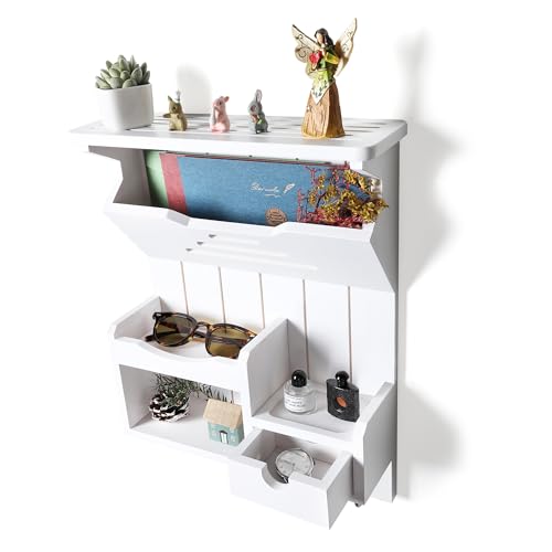 DOPACE Handcrafted Pine Wood Mail Organizer & Key Holder, White | Hand-polished natural pine wood with storage drawer & 6 hooks, Fine spray paint finish, Easy wall mount - color: White