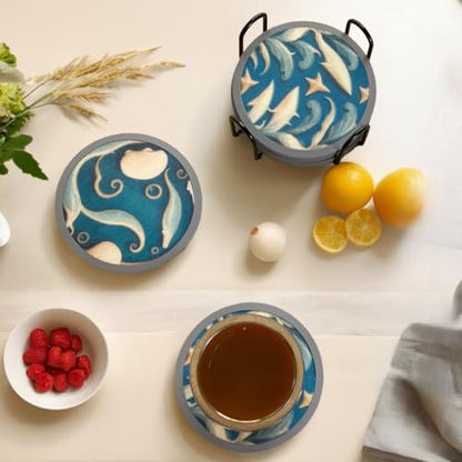 Absorbent Coasters for Drinks with Holder - 6packs, Silicone Coastes with Soft Felt Insert (4.3 inch Coasters with 4.5 inch Holder, Dual-Sided Ocean -Themed Patterns) - color: Dual-sided Ocean-themed Patterns