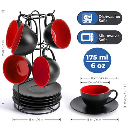 MIAMIO - Set of 6, Ceramic Stackable Cappuccino Cups Set / 6 Ounce Cappuccino Mugs and Saucer with Metal Stand for Coffee Drinks, Cafe, Latte, Americano and Tea - Le Papillon Collection (Red) - color: Red