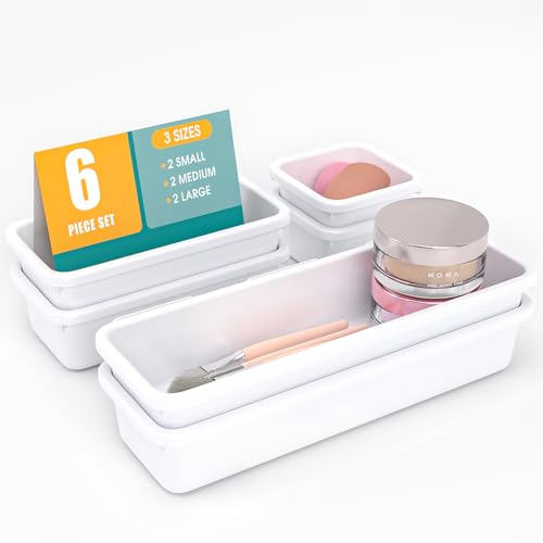 6 PCS Drawer Organizer Set, 3 Size Makeup Drawer Divider Organizer With Non-Slip Pads, Interlocking Plastic Storage Bins for Office,Jewelry Vanity,Gadgets, Bathroom,Kitchen, White - color: White, size: 6Pack