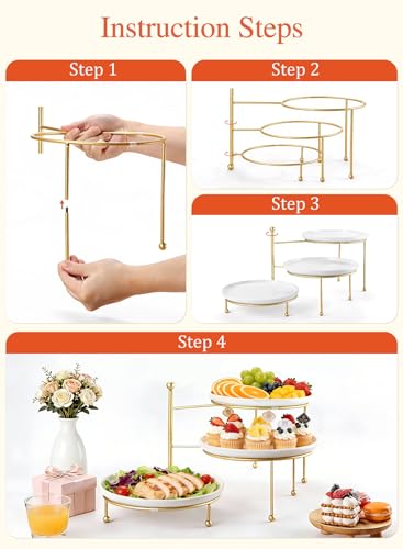 Tiered Serving Tray for Party, 10 Inch Dessert Display Stand, Gold | 3*Porcelain Durable Round Serving Plates, Microwave/Dishwasher Safe, Elegant Display, Wedding/Tea/Party serving - color: Gold