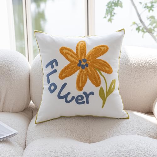 YIcabinet Pillow Covers Set of 2, Embroidered Yellow Flower Pattern Throw Pillow Cover,Square Cotton Cushion,Pillow Case for Sofa Bedroom Couch,18"x18" - color: Yellow15