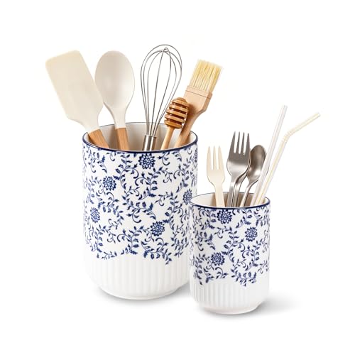 Utensil Holder for Kitchen Counter - 7.9"+5.6" Ceramic Cooking Utensil Crock Tool Organizer for Countertop, Large Holder for Spatulas, Spoons - Farmhouse Kitchen Counter Decor - Set of 2 - Blue - color: Vintage Blue (7.9"+5.6")