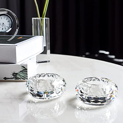 Kitcom Crystal Tealight Candle Holders Pack of 2, Hand-Cut Candle Holder Home Decor for Wedding Banquet Dinner 3.2" Diameter x 1.6" High, Clear - size: W3.2''×H1.6''