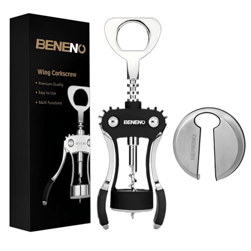 Beneno Wine Opener with Stainless Steel Wine Foil Cutter, Midnight Black | Durable Solid Zinc Alloy Body, Upgraded Precise Sharp-Edged Screw, Ergonomic Wing Handle with Non-Slip Grip, Multifunctional - color: Midnight Black