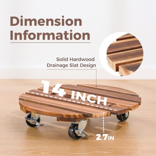 Bamworld Plant Caddy 14 Inch Wood Dolly with Wheels 2 Pack | Heavy-duty plant dollies hold up to 240 lb and use 360-degree locking casters indoors or outdoors. - size: 14inch-Round-2 pack