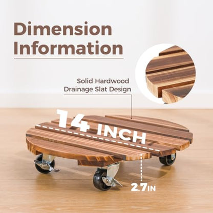 Bamworld Plant Caddy 14 Inch Wood Dolly with Wheels 2 Pack | Heavy-duty plant dollies hold up to 240 lb and use 360-degree locking casters indoors or outdoors. - size: 14inch-Round-2 pack