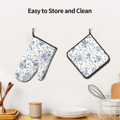 Giwawa Chinoiserie Flower Oven Mitts and Pot Holder Blue Leaves Heat Resistant 2Pcs Washable Oven Gloves Hot Pads for Kitchen Baking Grilling BBQ - color: Chinoiserie Flower