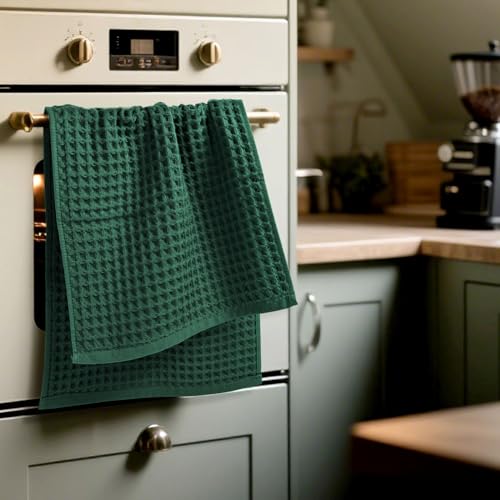 Waffle Hand Towels Set of 2 (Hunter-Green) – Cotton, Quick Dry, Lint Free | 13” x 29”, Bathroom Decor & Kitchen Towels - color: Hunter-green