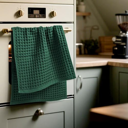 Waffle Hand Towels Set of 2 (Hunter-Green) – Cotton, Quick Dry, Lint Free | 13” x 29”, Bathroom Decor & Kitchen Towels - color: Hunter-green