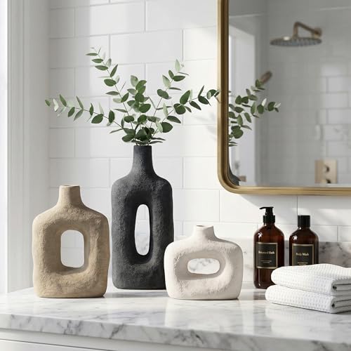 DREAMLOOM Ceramic Vase Set of 3, Black | Square Cutout, Farmhouse Rustic, Wabi-Sabi, Home Decor, Living Room Bedroom Kitchen Shelf Centerpiece - color: Antique Black Combo - Hollow Design
