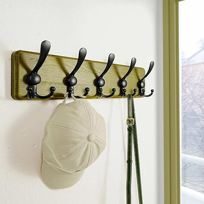 Wall Mount Coat Hanger - Heavy-Duty Robust Barnwood-Style Wooden Hook Rail with 5 Triple Hooks for Winter Coats, Hats, Jackets, Weathered Green & Black - color: Weathered Green & Black, size: L=17.4"