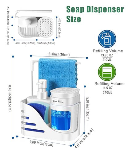 Kitchen Soap Dispenser Set, 4-in-1 Dual Hand and Dish Soap Dispenser with Sponge Holder and Dishcloth Holder for Kitchen Sink (White) - color: White