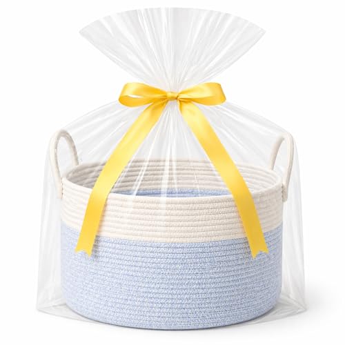 Extra Large Gift Basket Empty to Fill, 32L, Light Blue and White | Includes Gift Bag and Ribbon, Premium Woven Rope, Soft Yet Structured, Reusable for Throw Blankets, Kids and Nursery Storage - color: White Blue, size: Large