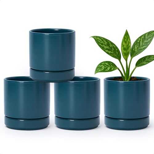 D'vine Dev 4-Pack Ceramic Pots with Saucers, Teal, 4.7 in, 94-X-B-9 | Glazed Ceramic, Drainage Hole and Saucer, Sleek Cylinder Shape, High Temperature Fired, Ideal for Small Houseplants - color: Teal, size: 4.7 Inch