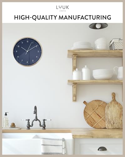 Modern Silent Quartz Wall Clock, 12in, Dark Blue & Gold | Elegant & Simple, Non-ticking, Analog, Easy-to-read display, Battery operated, for Guest room, Bedroom, Kitchen - color: Dark Blue, 12"