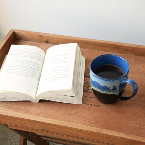Bosmarlin Ceramic Coffee Mug Set of 4, 17 Oz, Coffee Cups with Big Handle, Microwave Safe, Unique Reactive Glaze (17 Oz, Blue) - color: Ocean Drip