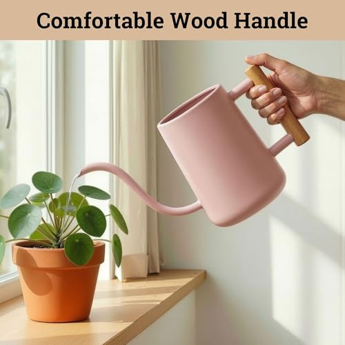 Metal Small Indoor Watering Can with Long Spout & Real Wood Handle, 35oz | Long Spout, Stainless Steel, Real Wood Handle, Gentle Flow, No Spills, Suitable for House Plants, Succulents & Seedlings - color: Pink