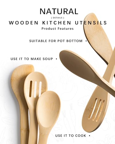 Wooden Spoons for Cooking, 3PCS Wooden Utensil Set Includes Slotted Spoon, Wooden Spoon & Wooden Spatula, Bamboo Cooking Utensils for Non-Stick Pans, Natural Bamboo Utensils | Slotted spoon, solid spoon and spatula handle stirring, draining, flipping and
