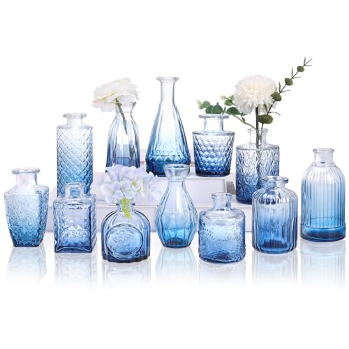 CUCUMI 12pcs Bud Vases for Centerpieces, Blue Glass Vase Set | Small Vintage Vases for Centerpieces, Decorative Flower Vases for Wedding Home Table Decor - color: Blue, size: 12pcs