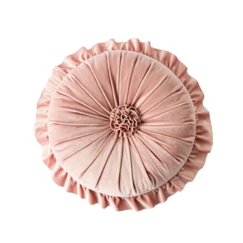 Round Velvet Ruffle Pillow,Round Throw Pillow,Boho Decorative Throw Pillow for Sofa, Bed, Chair, Car & Floor Seating,Floral Circle Cushion for Living Room, Home Decor (Pink) - color: Pink