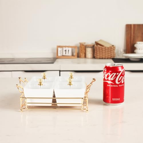 YA JU Ceramic Bowls and with Lid Gold Basket Trays, 4 Removable Small Bowls Condiment Trays Nut Serving Set for Snacks, Fruits, Candy and Condiments - Great for Parties, Holiday Gifts,White - color: White 4 Removable snack Bowls