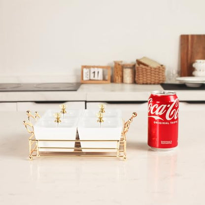 YA JU Ceramic Bowls and with Lid Gold Basket Trays, 4 Removable Small Bowls Condiment Trays Nut Serving Set for Snacks, Fruits, Candy and Condiments - Great for Parties, Holiday Gifts,White - color: White 4 Removable snack Bowls