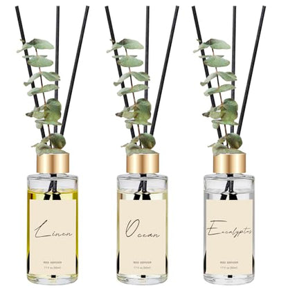 Reed Diffuser Set of 3, Eucalyptus, Linen, Ocean Oil Diffusers with Sticks | 1.7 fl oz Each, Total 5.1 oz, Long-Lasting Essential Oil Home Fragrance, Air Freshener for Bedroom, Bathroom Decor