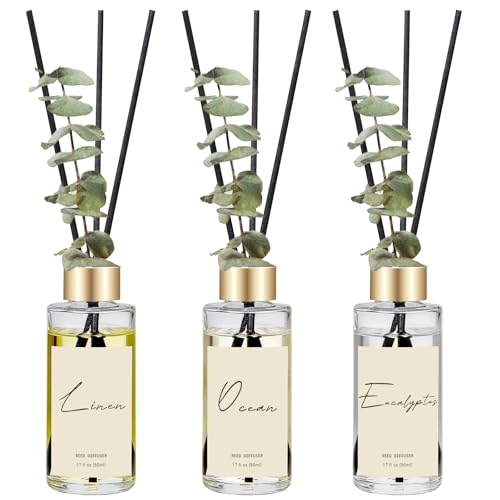 Reed Diffuser Set of 3, Eucalyptus, Linen, Ocean Oil Diffusers with Sticks | 1.7 fl oz Each, Total 5.1 oz, Long-Lasting Essential Oil Home Fragrance, Air Freshener for Bedroom, Bathroom Decor