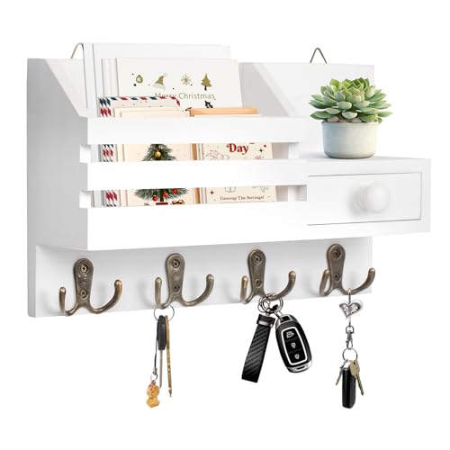 Key Holder Wall Mount, Wooden Key and Mail Organizer, White | 2 Mount Options, Includes 8 Hooks, Fence Mail Slot, Small Drawer and Shelf, for Entryway, Hallway, Doorway, Living Room, RV - color: White