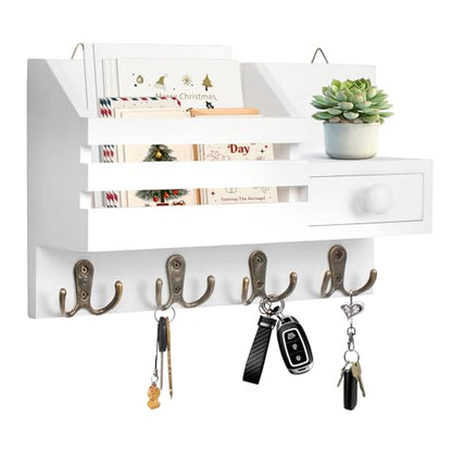 Key Holder Wall Mount, Wooden Key and Mail Organizer, White | 2 Mount Options, Includes 8 Hooks, Fence Mail Slot, Small Drawer and Shelf, for Entryway, Hallway, Doorway, Living Room, RV - color: White