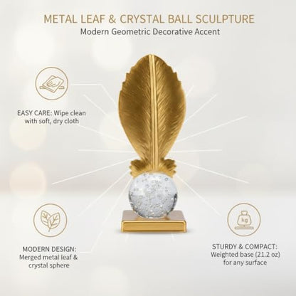 for Shelf, Desk, or Console Table Display: Modern Geometric Metal Leaf and Crystal Ball Sculpture Accent (1 PC) - size: 3.27 x 3.27 x 6.46 in