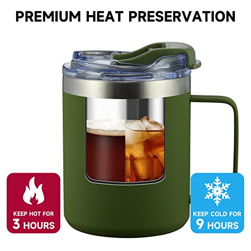 12oz Insulated Travel Coffee Mug with Handle, Army Green | Stainless Steel Coffee Tumbler with Lid, Double Wall Vacuum Thermal Cup for Camping - color: Fliping Lid: Army Green, size: 1 Count (Pack of 1)