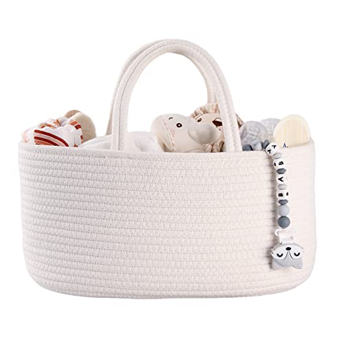 XUANGUO Cotton Rope Baby Diaper Caddy Organizer Basket with Handles White | Nursery Storage Bin, Portable Baby Tote Bag for Changing Table or Car, Baby Shower Gifts Bag, Newborn Essentials, Registry - color: White, size: Regular