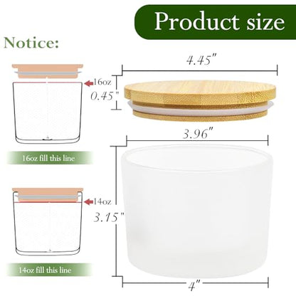 CONNOO 6 Pack 16oz Frosted Wide Mouth Glass Candle Jars | Come with Bamboo Lids, Sticky Warning Labels, Candle Wick Kit for Candle Making - color: 6 Pack-Matte Frosted