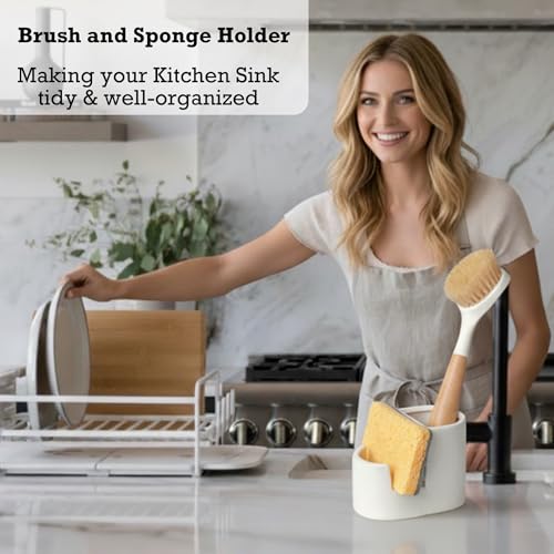 Ceramic Sponge Holder for Kitchen Sink, 2-in-1 Sponge & Brush Organizer, Compact Countertop Sink Caddy with Raised Edge to Catch Drips, Keeps Countertops Dry, Dishwasher Safe, Rustproof, White - size: L-Shape