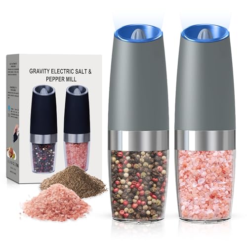 Battery Operated Salt And Pepper Grinder Set 2 Pack (LightGrey) | Gravity-Activated Automatic Grinder With Led Light & Adjustable Coarseness, Each Uses 6 Aaa Batteries,Kitchen Daily Seasoning - color: Battery/2pcs/LightGrey
