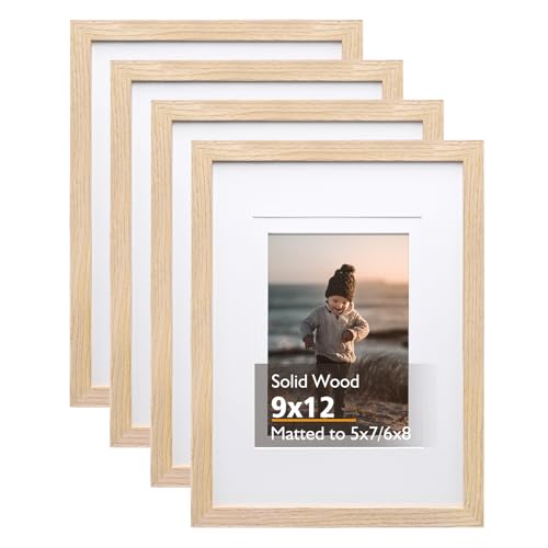 9x12 Picture Frames Natural, Solid Wood Frames with Acrylic Plexiglass for Pictures 5x7/6x8 with Mat or 9x12 without Mat, Tabletop and Wall Mounting Display, Set of 4 - color: Natural, size: 9x12