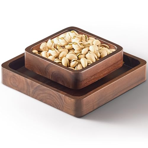 FANATU Wood Pistachio Snack Bowl with Shell Storage, Double Dish (Walnut) | Magnetic Removable Lid Creates A Convenient Nut Serving Tray For Quick Refills, Cleanup, Movie Nights And Parties - color: Walnut