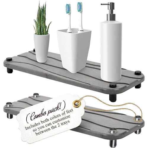 2pc Diatomite Stone Drying Tray, Gray w Blk & Silver Feet | Sink Caddy, Kitchen Sink Organizer, Water Absorbing Bathroom Counter, Absorbent Kitchen Soap Tray - color: Gray